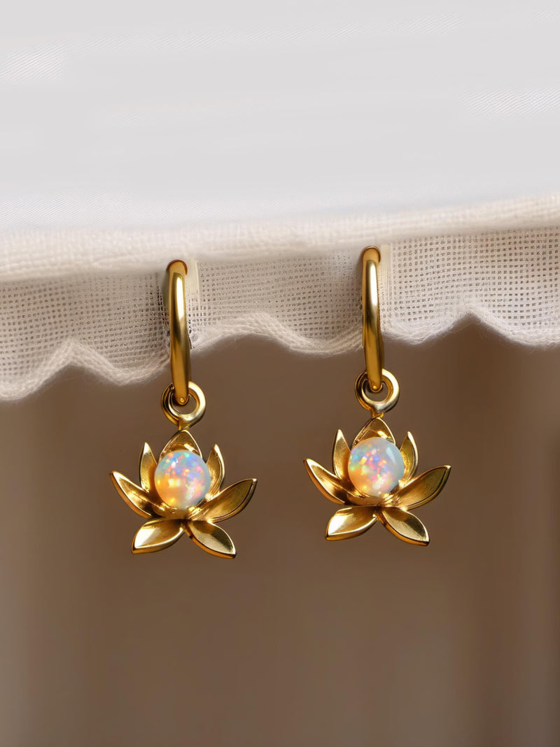 Water lily Lotus Flower Huggie Hoop Earrings, White Opal Earrings, July Birth Flower Jewelry Birthstone Earrings Sweet Cute Pretty Jewellery birthday flower