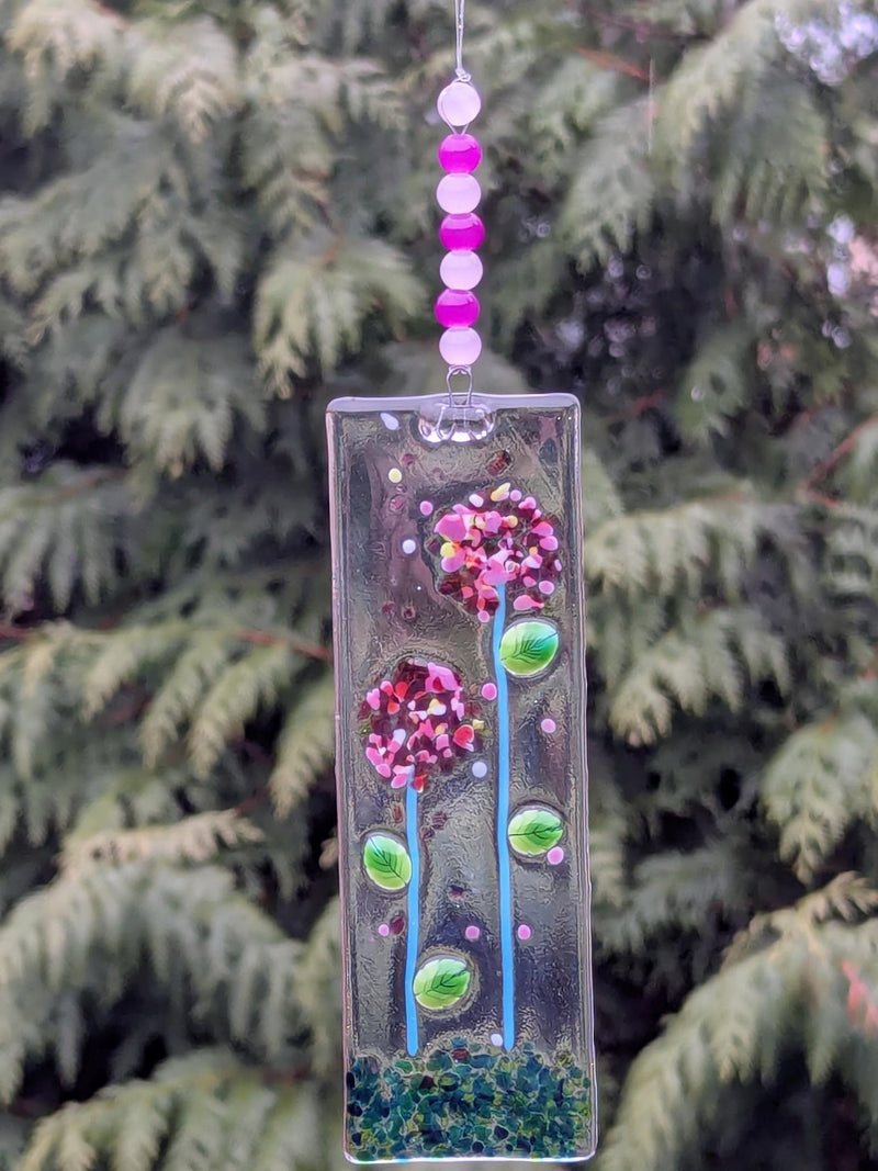 stained glass flowers sun catcher, hand made in Canada fused glass, window art, Pink Allium flowers, cheery bright window art, window decor house warming flower