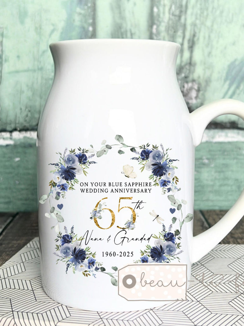 Personalised Blue Sapphire Wedding Anniversary gift 65th 65 Ruby Silver Golden Diamond Anniversary gift Floral Ceramic Small Vase Jug Mug ANNIVERSARY
