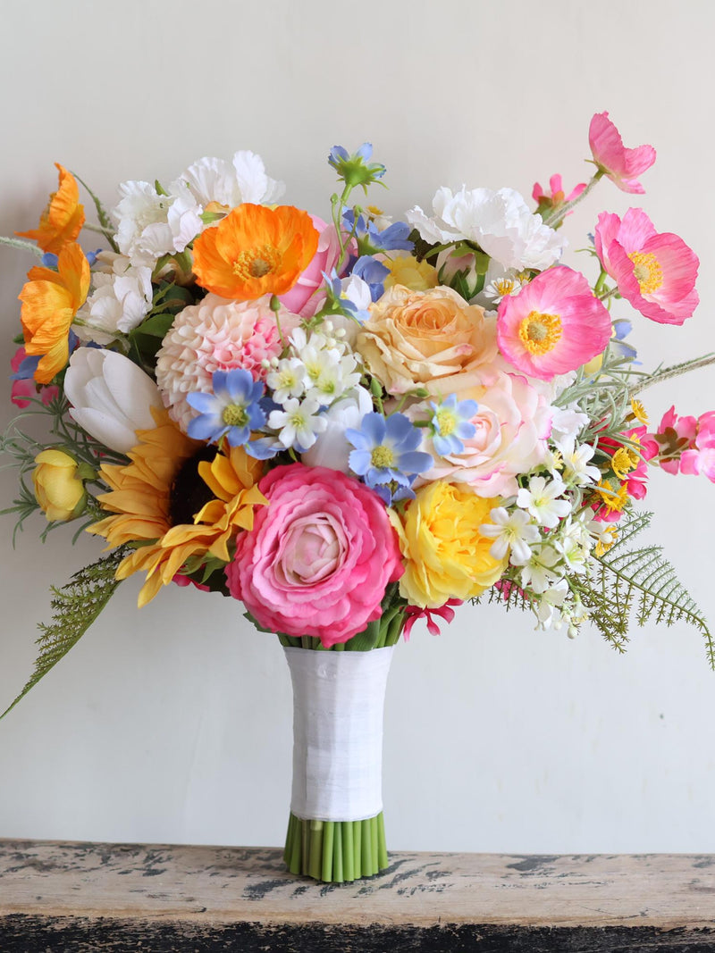 Wildflower Bridal Bouquet: Orange, Pink, Yellow Artificial Flowers, Colorful Spring Summer Wedding Bouquets, Boutonnieres, Corsages Bouquet