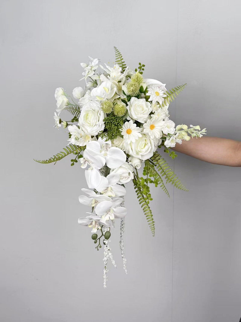 White Cascading Wedding Bouquet, Boho Bridal Bouquet, White Wedding Bouquet, Made with Rose, Orchid, Daisy, Ranunculus and Anthurium Bouquet