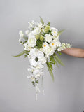 White Cascading Wedding Bouquet, Boho Bridal Bouquet, White Wedding Bouquet, Made with Rose, Orchid, Daisy, Ranunculus and Anthurium wedding flower