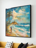 Beach Romance Canvas, Castle Ocean View Wall Art, Lovers in Paradise, Coastal Landscape Canvas, Wall Art Design, Ready to Hang Love Romance Flower