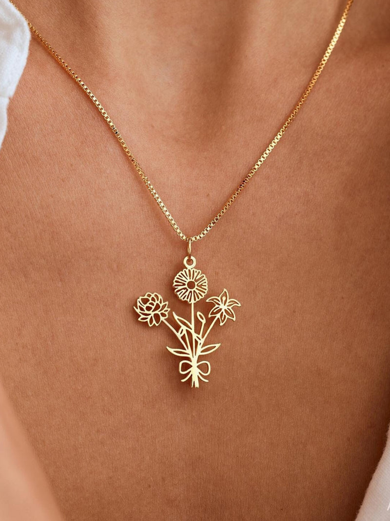 Custom Multiple Birthflower Necklace, Floral Bouquet Necklace, Family Member Necklace for Mom, Birthday Gift for Her, Mother's Day Gift birthday flower