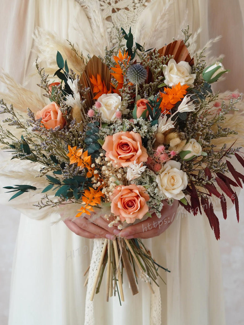 Orange Wedding Bouquet,Autumn Silk Flower Wedding Bouquet,Bridal Bouquet,Dried Flower Bouquet,Orange Style Wedding Bouquet,Home Decor Flower silk flower