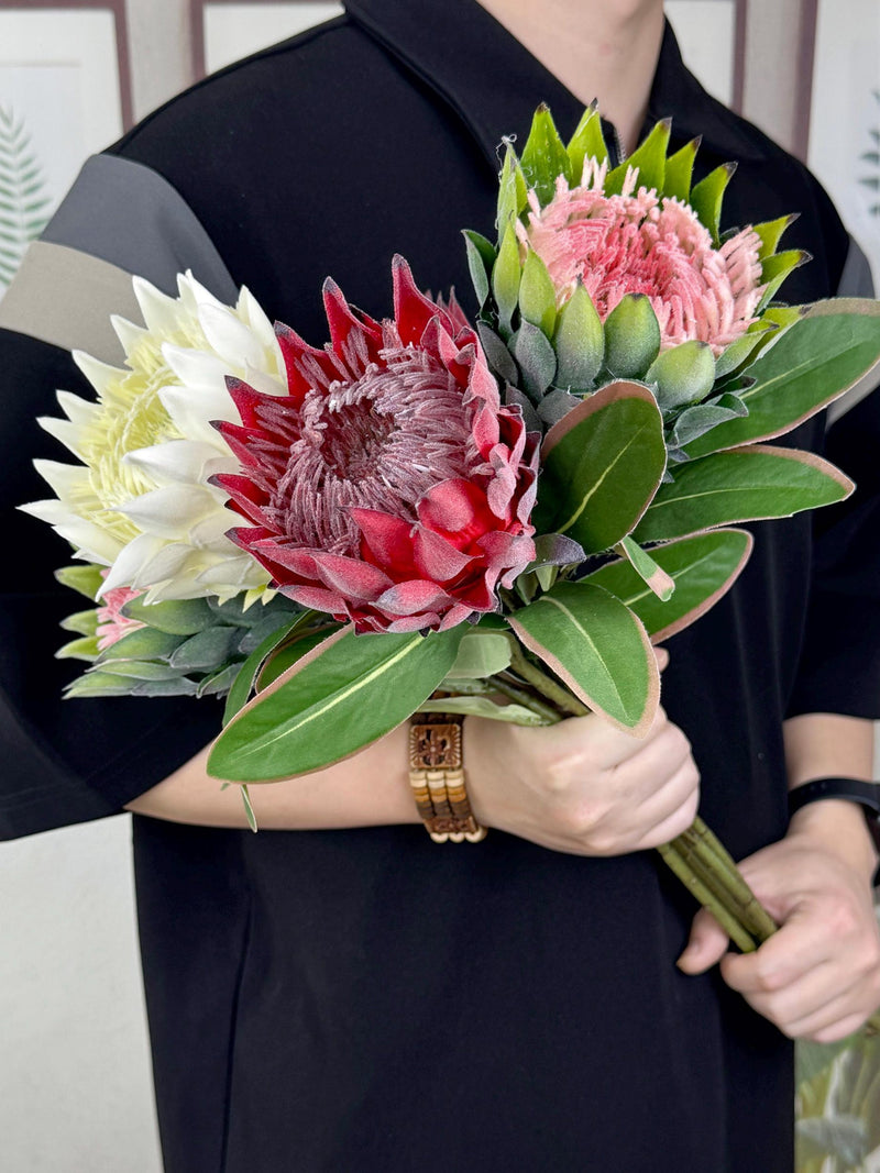3 color faux protea king stems_artificial protea flower_centerpiece_vase filling_DIY flower arrangement_home decor_wedding flower decor silk flower