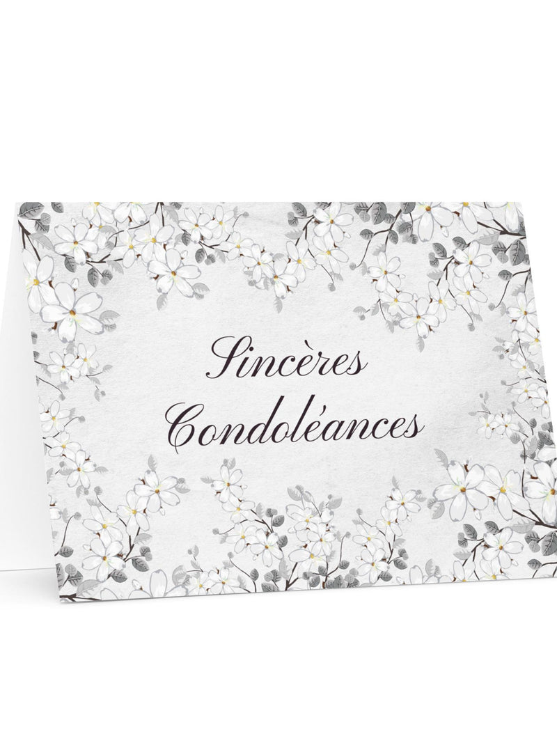 French Sympathy Card: Sinc�res CondolŽances, Floral Greeting for loss, minimalist elegant stationery for French speaker, black and white sympathy flower