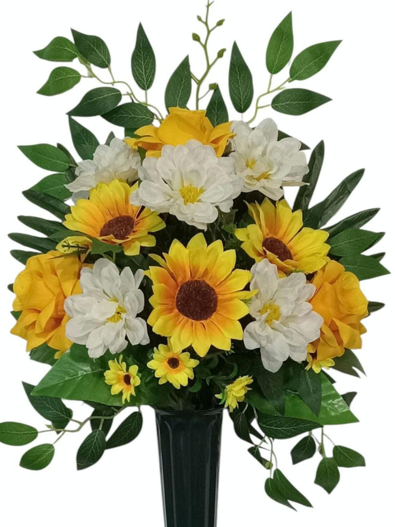 Prepotted Sunflower Rose Zinnia Memorial Graveyard Burial Cemetery Sympathy 21"H Silk Flower Arrangement Fully Assembled w/Planter EST#2248 sympathy flower