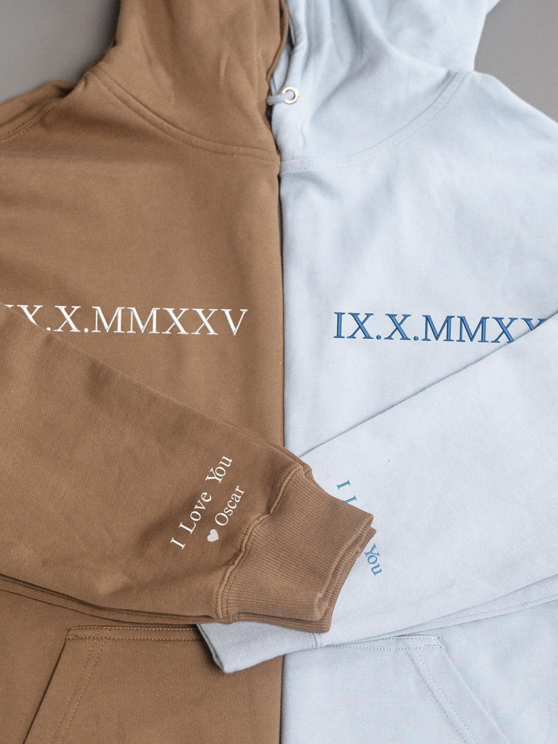 Custom Embroidered Couple Hoodie,Roman Numerals Hoodie,Wedding Anniversary Date,Anniversary Hoodie with Initials on Sleeve,Boyfriend Gift ANNIVERSARY