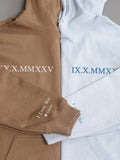 Custom Embroidered Couple Hoodie,Roman Numerals Hoodie,Wedding Anniversary Date,Anniversary Hoodie with Initials on Sleeve,Boyfriend Gift ANNIVERSARY
