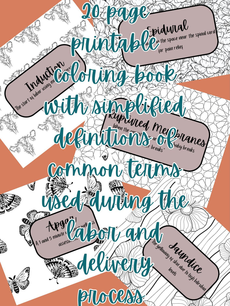 Printable coloring book cover with floral line-art pages and teal title text