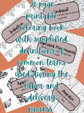 Printable coloring book cover with floral line-art pages and teal title text