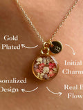 Birth Real Flower Necklace, Family Initial Pressed Flower Necklace, Christmas Gift, Delicate Necklace birthday flower