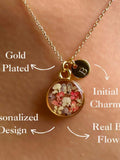 Birth Real Flower Necklace, Family Initial Pressed Flower Necklace, Christmas Gift, Delicate Necklace ANNIVERSARY