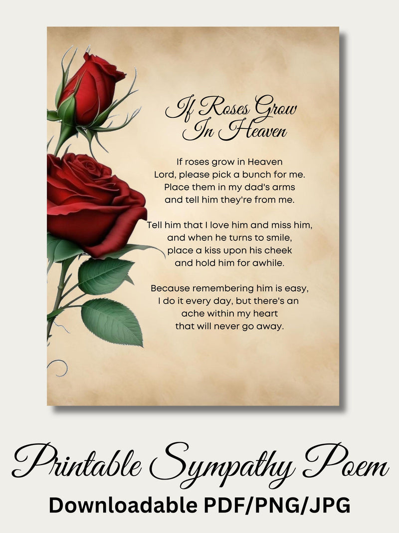 Loss Of Dad Sympathy Poem, Roses In Heaven Verse (Digital Art Print) sympathy flower