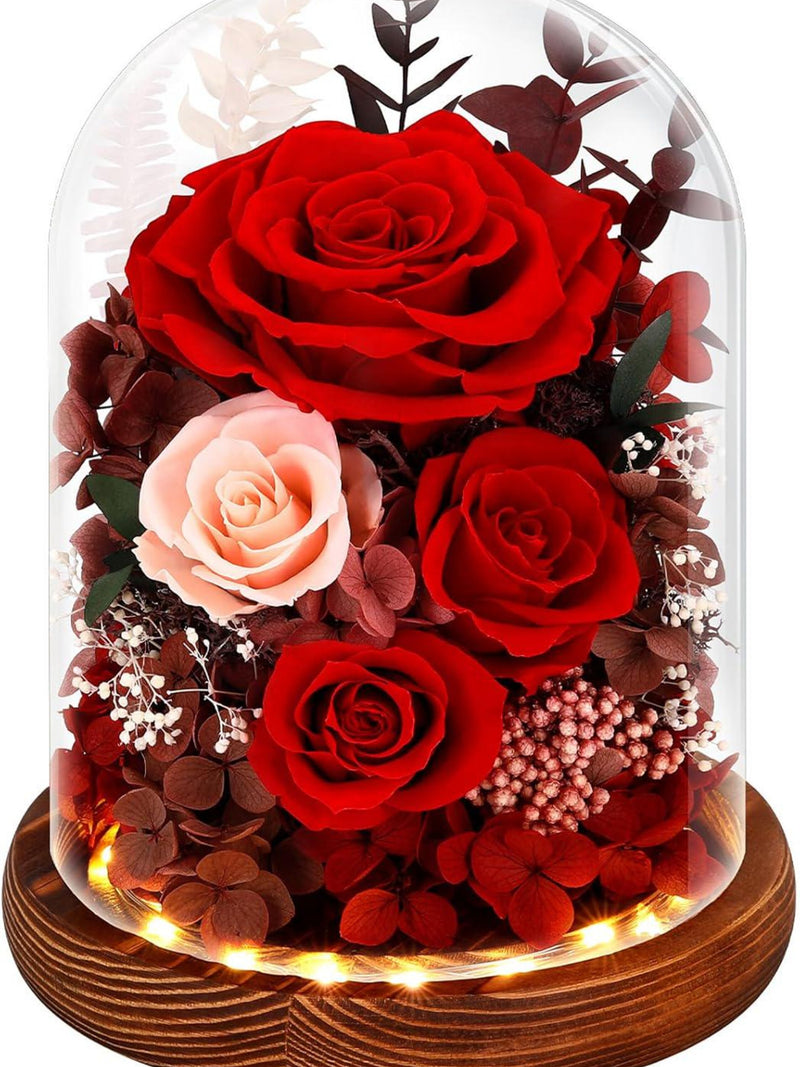Forever Preserved Real Flowers for Delivery Prime, Eternal Fresh Roses in Glass Dome with LED Lights, Mothers Day Gifts for Mom, Her, Wife, FLOWER DELIVERY