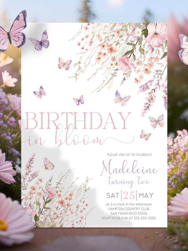 Editable Pink Purple Butterfly and Wildflower Birthday Invitation Template Printable Little Butterfly Invite Instant Download Canva FP2 birthday flower