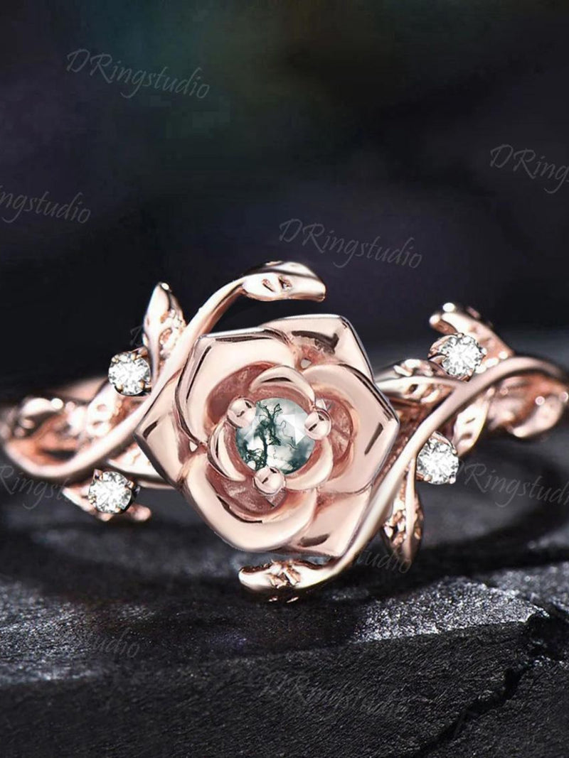 Dainty Rose Gold Flower Engagement Ring Twig Leaf Natural Moss Agate Wedding Ring Floral Green Moss Promise Ring Anniversary Gift for Women ANNIVERSARY