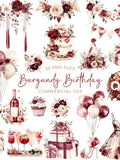 Burgundy Birthday Clipart - Watercolor - Floral Party Png - Boho - Modern - Adult Birthday - Cake - Balloons - Commercial License birthday flower
