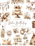 Boho Birthday Clipart - Watercolor - Floral Party Png - Boho - Neutral - Adult Birthday - Cake - Balloons - Wine - Commercial License birthday flower