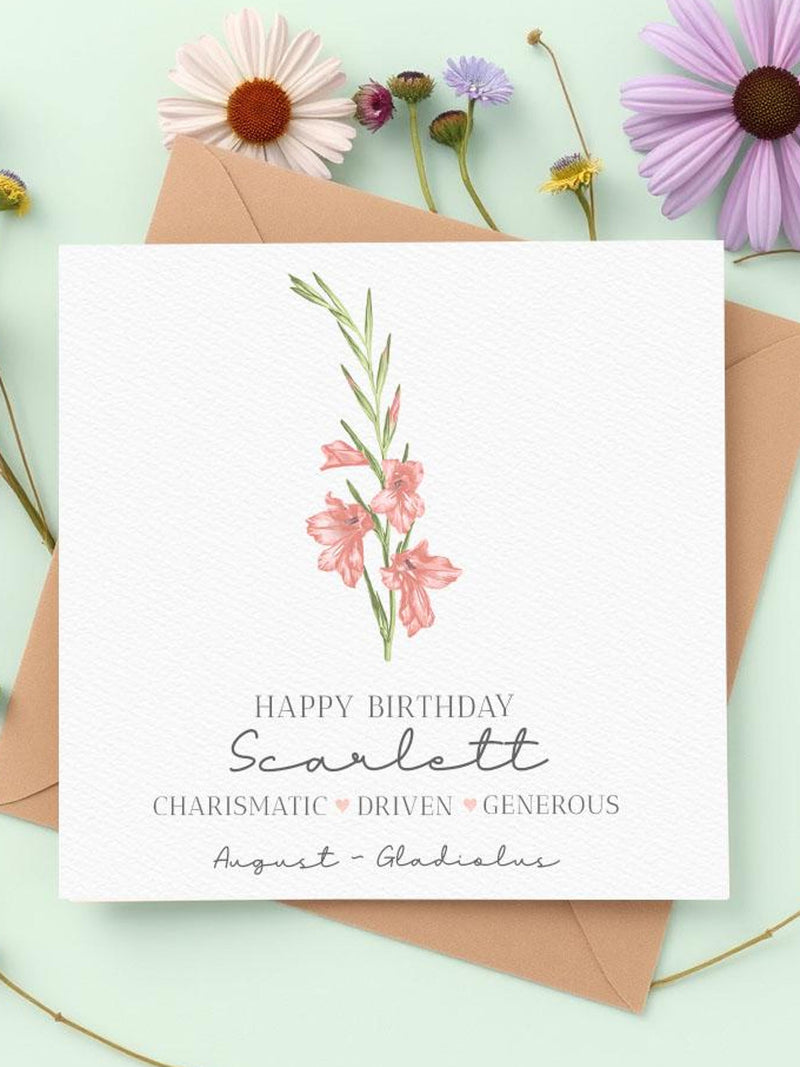 Personalised Gladiolus August Birthday Card, Watercolour Birthday Card, Birth Flower Card, Personalised Birthday Card For Her birthday flower