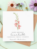 Personalised Gladiolus August Birthday Card, Watercolour Birthday Card, Birth Flower Card, Personalised Birthday Card For Her birthday flower