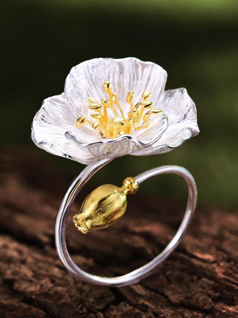 Silver Poppy Flower Ring ¥ Adjustable Open Size ¥ Large Big Statement Cocktail Floral Ring ¥ Tariff Free Delivery to USA FLOWER DELIVERY