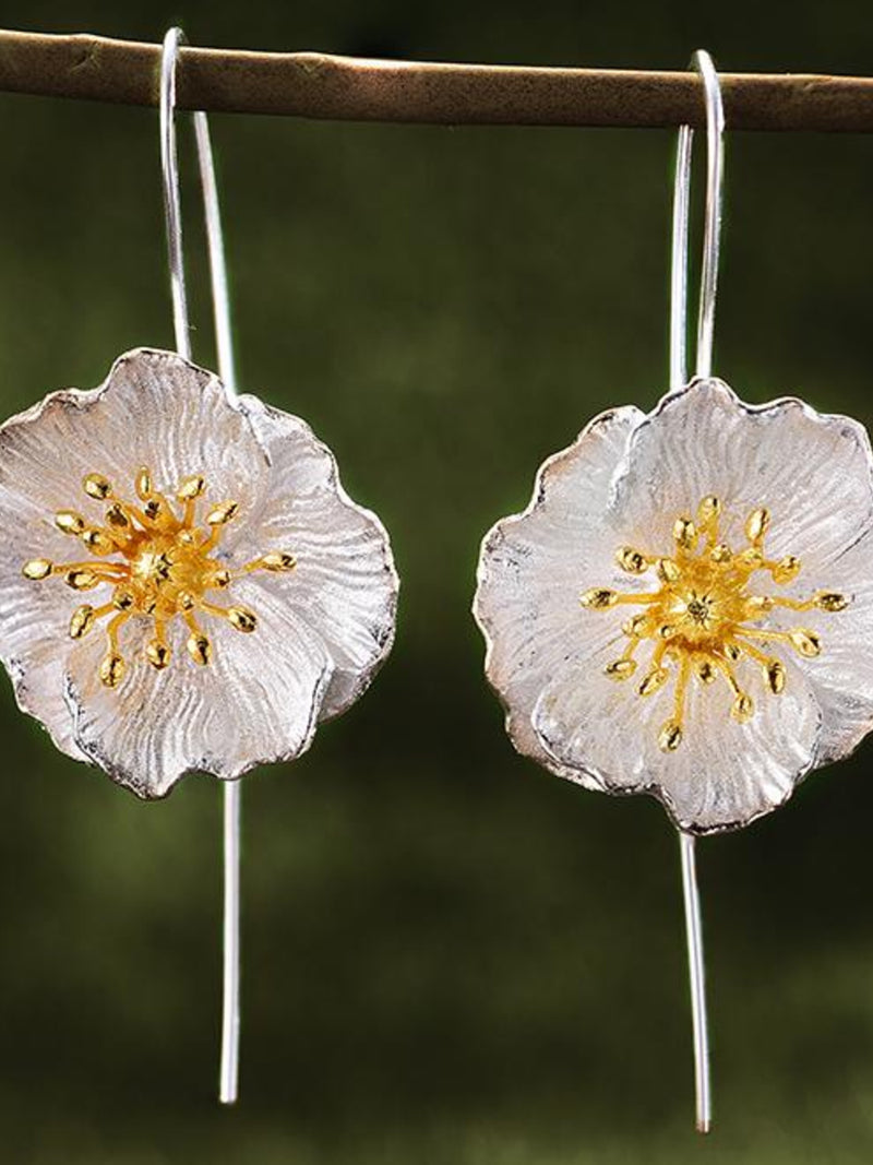 Statement Silver Poppy Flower Earrings ¥ Large Big 20mm ¥ Sterling Silver 18k Gold Plated ¥ Tariff Free Delivery to USA FLOWER DELIVERY