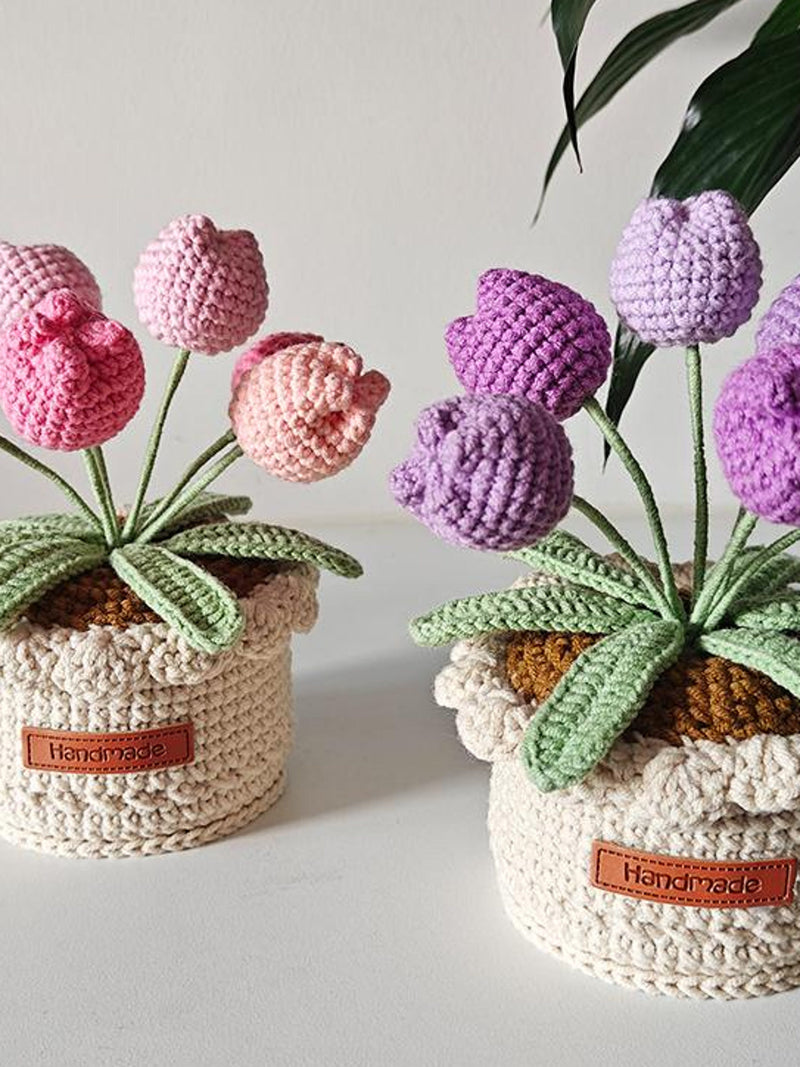 Crochet Flower in Pot,Crochet Tulip,Lily of the Valley,Home,Desk Decoration Plant,Pink,Purple Tulip,Birthday,Anniversary Gift,Gift for Mom ANNIVERSARY
