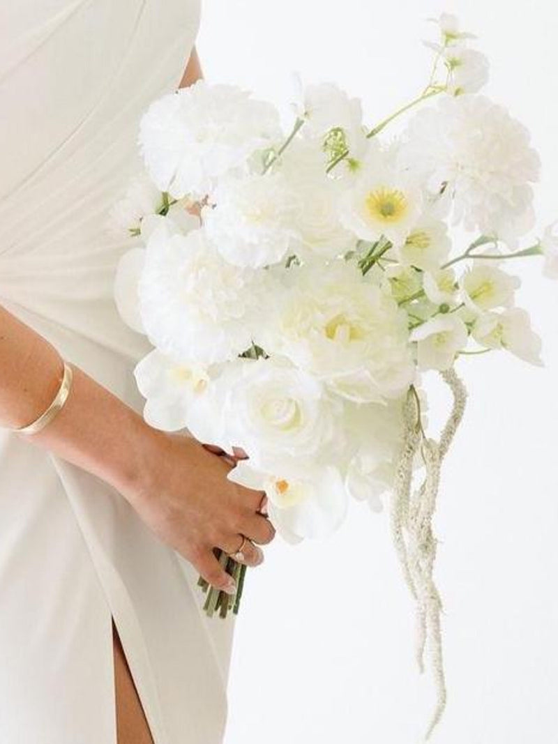 White Textured Faux Flower Bouquet: Roses, Dahlias, Orchids Bouquet