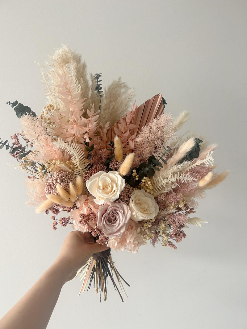 Peach Apricot Dried Flower Bouquet, Boho Wedding Flowers, Soft Coral Pink, Preserved Roses Pampas, Spring Garden Party - The Juliet wedding flower
