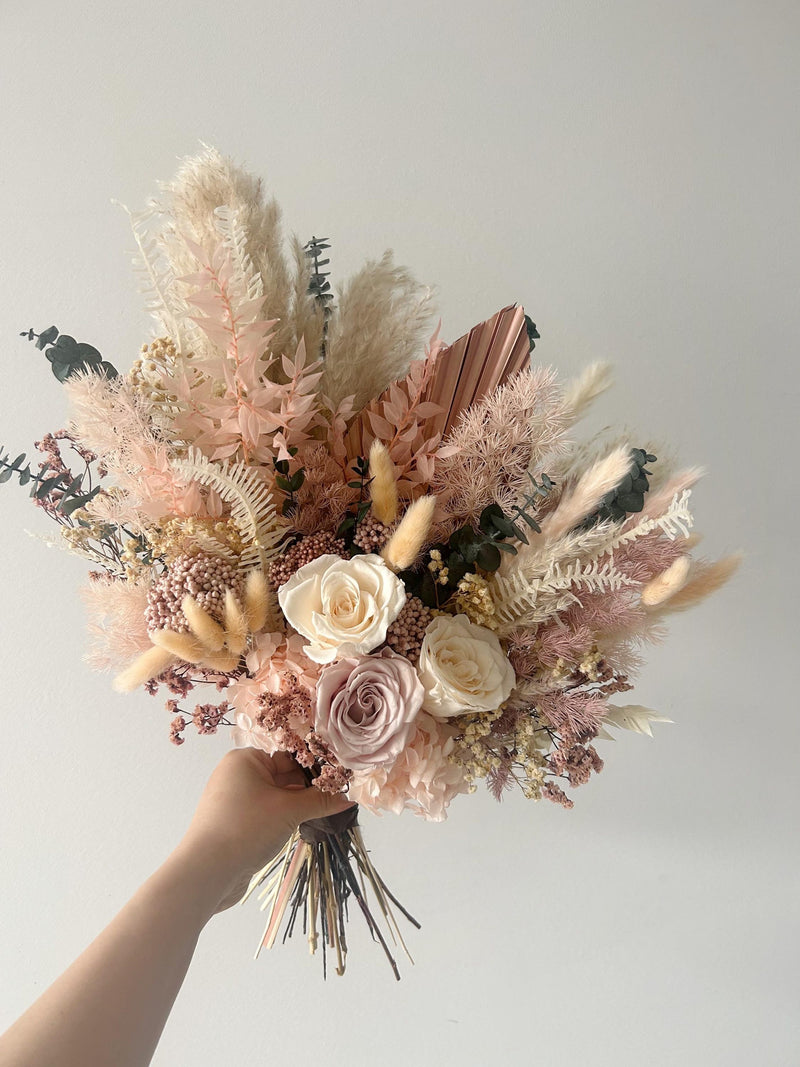 Peach Apricot Dried Flower Bouquet, Boho Wedding Flowers, Soft Coral Pink, Preserved Roses Pampas, Spring Garden Party - The Juliet FLOWER DELIVERY
