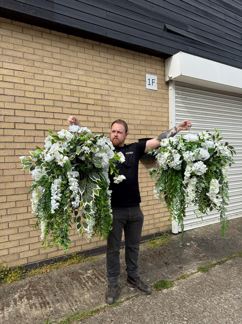 White Artificial Hanging Basket with Greenery Ð Elegant Outdoor Door Display faux plants