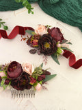 Burgundy Blush Pink Flower corsage wedding flower hair comb for women Floral headpiece maroon bridesmaids hair piece with flowers marsala wedding flower