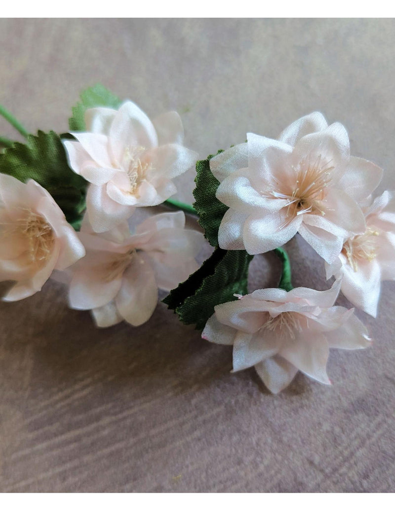 Two Sprays Tiny Silk Vintage Flowers Pale Peach Blush 6 Blossoms with Leaves for Dolls, Corsage, Hats Small Size NOS Millinery silk flower
