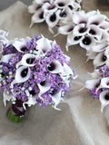 Calla Lilies Wedding Package-Picasso Purple Calla Lilies Silk Bridal Bouquet Real Touch Flowers PU Real Touch Roses wedding flower