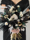 Gothic Black & White Pampas Grass Wedding Bouquet,Preserved Dried Flowers Bridal/Bridesmaid Bouquet Bouquet