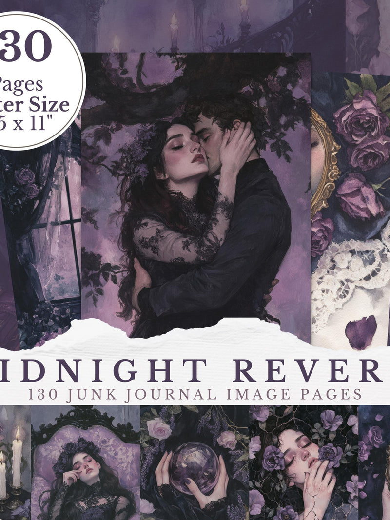 Dark Romance Victorian Junk Journal Pages, Purple Gothic Haunted House Scrapbooking Paper Set Witchy Florals Halloween Academia Images Kit Love Romance Flower