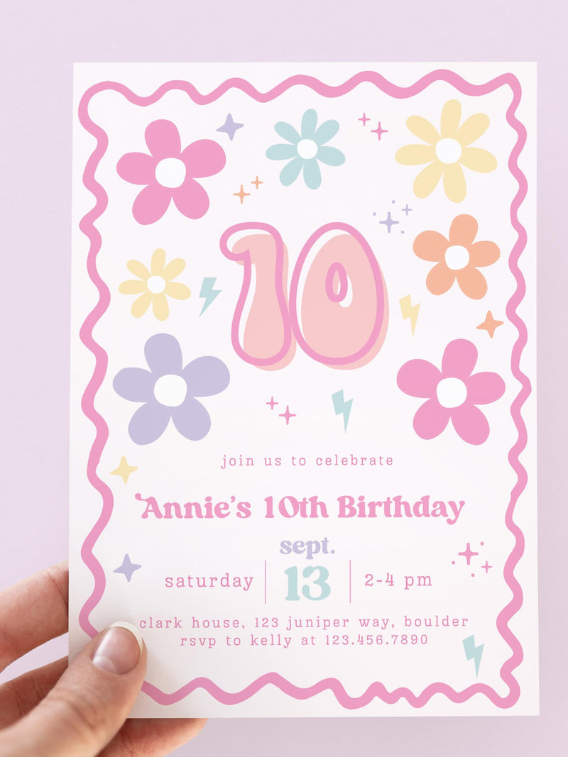 Editable Daisy Floral 10th Birthday Invitation, Daisy Birthday, Tween Birthday Invite, Girl Tenth Birthday Retro Instant Download birthday flower