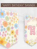 Floral Happy Birthday Banner Printable, Wildflower Birthday Pennant Banner Instant Downlad, Pink Wildflower Birthday, Floral Flag Banner birthday flower