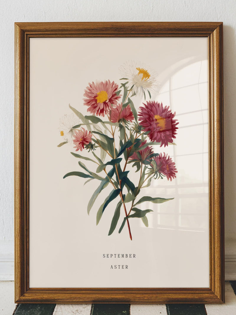 September Aster Birth Flower Print Ð Vintage Botanical Wall Art, September Birthday Gift for Her, Aster Flower Print birthday flower