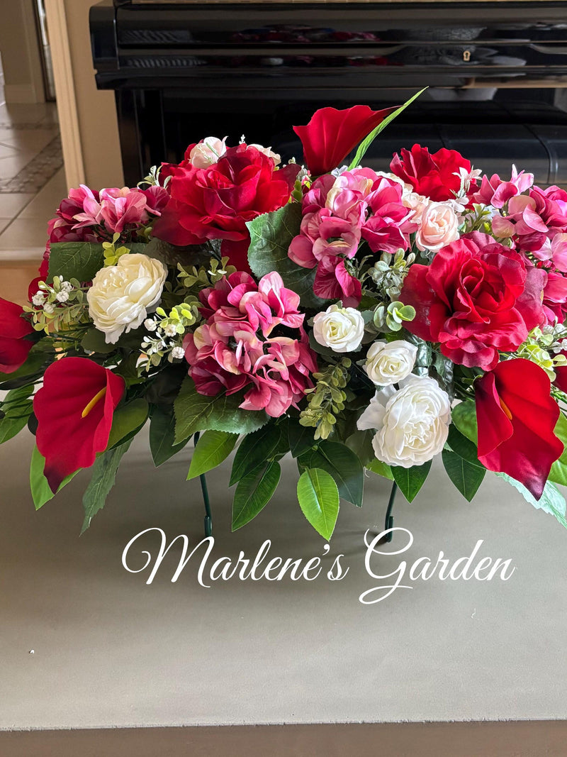 ETERNAL LOVE Variegated Pink Hydrangeas Cemetery Saddle, Large Cemetery Saddle, Cemetery Flowers, Tombstone, Tribute, Marlene's Garden FLOWER DELIVERY
