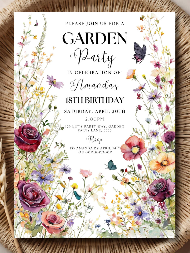 Wildflower Birthday Invitation Garden Party Invite Girl 16th 18th 21st Birthday Floral Spring Flowers Butterfly Editable Canva Template birthday flower