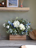 Ivory Hydrangea and Blue Delphinium Arrangement in Wooden Box, Eucalyptus, Faux floral | Greenery | Flowers| bridal wedding centre piece FLOWER DELIVERY