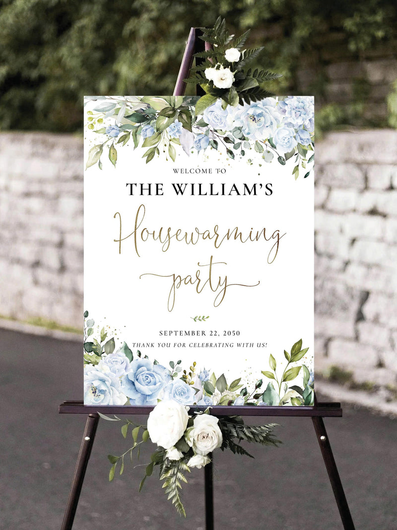 Blue Floral Housewarming Welcome Sign: Botanical New Home Party Decor, Printable (Digital File) house warming flower