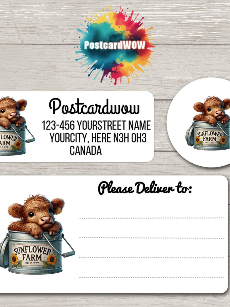 Highland Cow on the Farm - Return Address Labels - Sheets of 30 Adhesive stickers FLOWER DELIVERY