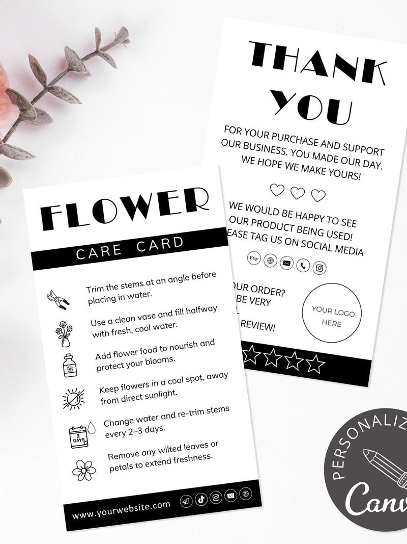 Editable Flower Care Card | Canva Template for Florist Thank You, Plant Fresh Cut Blooms, Printable Flower Delivery Care Instructions Insert FLOWER DELIVERY