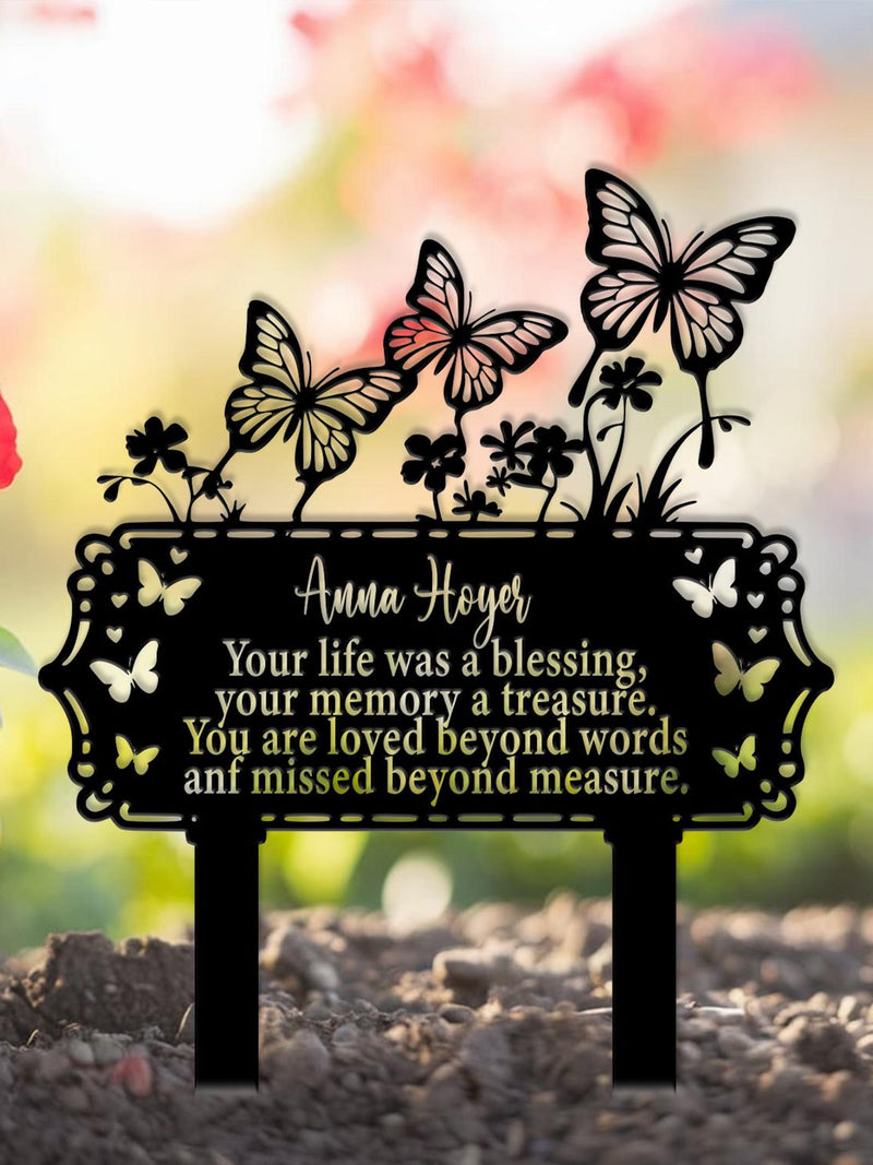 Custom Memorial Garden Sign, Butterfly Grave Marker, In Loving Memory with Butterflies and Flower, Gift for mom, Sympathy Sign, Home decor sympathy flower
