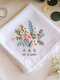 Embroidered Wedding Handkerchief Ð Custom Floral Hankie for Bride, Bridal Gift, Personalized with Name & Date, Gift for Bride wedding flower