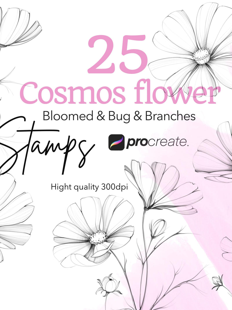 Cosmos Flower Stamps for Procreate: Fineline Tattoo Design (Digital Download) flower spore